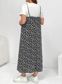 SHEIN Essnce 大码女式夏季两件套、连衣裙套装、短袖两件套、碎花连衣裙套装、狂欢装扮节日飘逸连衣裙度假两件套、2 件夏季服装 - 白色 - 查看 2