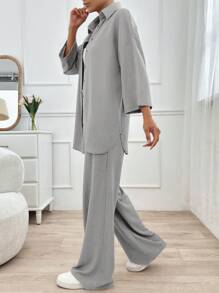 大码女装两件套，前扣长袖上衣搭配前系带长裤，简约风格 - 淺灰色 - 查看 6