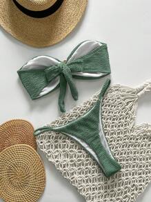Swim Basics Springbreak 女士沙滩装夏季套装，女士纯色提花面料露肩金属装饰性感比基尼套装 - 綠色 - 查看 2