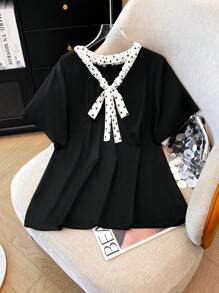 GlowEve CURVE Áo thun nữ tay ngắn cổ rút dây có thiết kế nơ cỡ lớn, đa năng và sang trọng, phù hợp mặc vào mùa xuân và mùa hè - màu đen - Xem 1