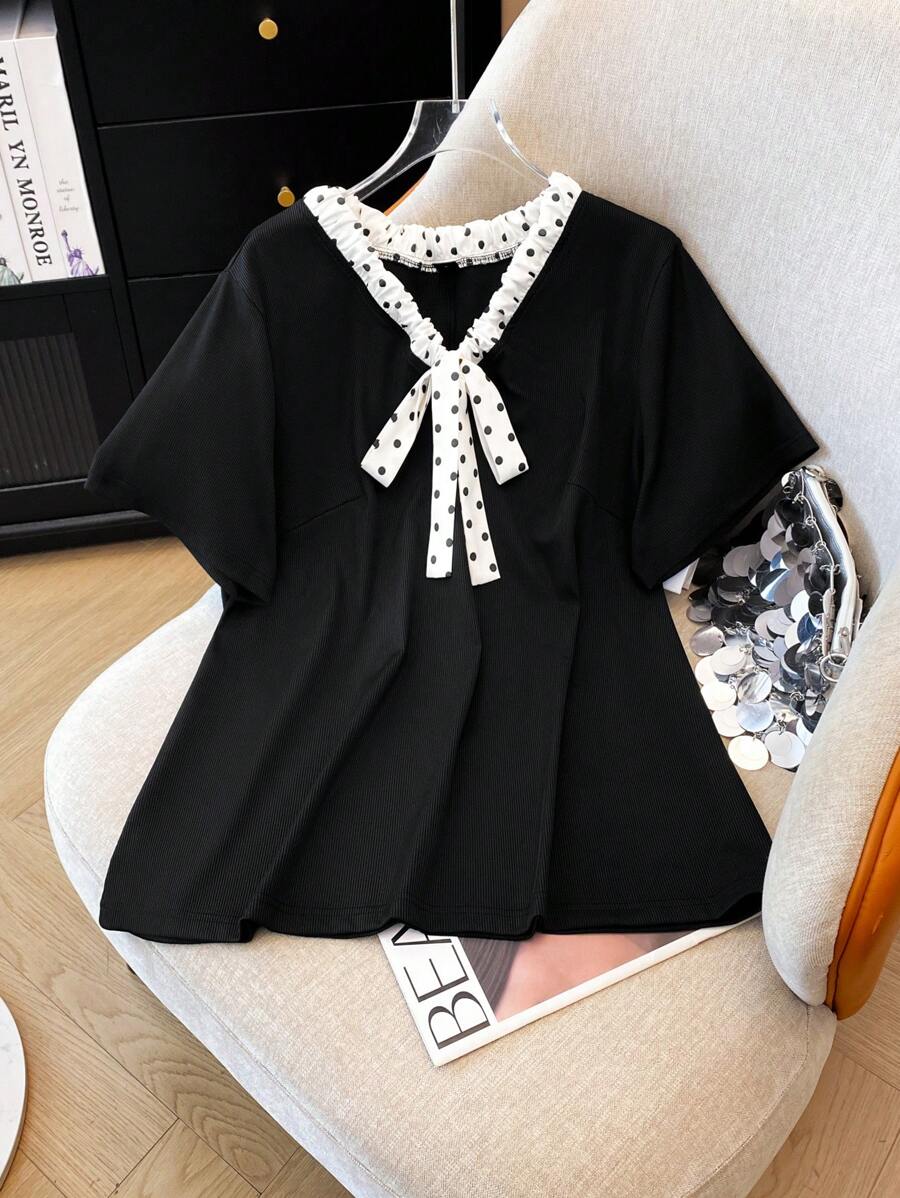 GlowEve CURVE Áo thun nữ tay ngắn cổ rút dây có thiết kế nơ cỡ lớn, đa năng và sang trọng, phù hợp mặc vào mùa xuân và mùa hè - màu đen - Xem 1