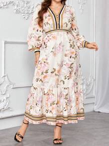 Modelyn 1 件女式加大码优雅 V 领长袖花卉印花长裙 - 杏色 - 查看 5