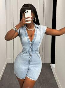 Slaydiva 女士 V 领性感修身腰部牛仔背带裤和连体裤，夏季连体裤，女士娇小连体裤，背带裤，女士夏季服装，女士夏季套装，女士夏季套装，女士连体裤，7 月 4 日。 - 淺色水洗藍 - 查看 4