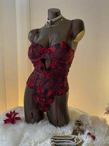 Aloruh Lingerie sexy et chic en dentelle violet foncé ajustée et dos nu en une pièce pour femmes - Prune - Voir 3