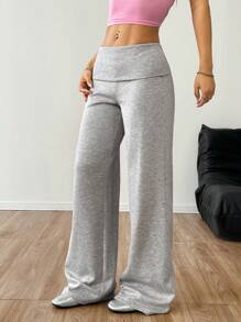 SHEIN EZwear Pantalones anchos informales de cintura alta elástica y de talla grande - Gris Claro - Ver 4