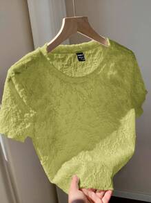 Comfortcana Beige Knitted Jacquard Round Neck Basic Short Sleeve T-Shirt, Summer - Olive Green - View 7