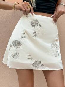 SHEIN Frenchy Women's Floral Sequin Decorated High Waist Short Skirt