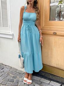 SHEIN LUNE Women's Casual Solid Color 100% Cotton Summer Vacation Outgoing Daily Basic Long Dress Summer Dresses For Women - Teal Blue - View 6