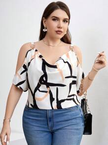 SHEIN Clasi Plus Size Women's Printed Cold Shoulder Top With Chain Decoration For Summer