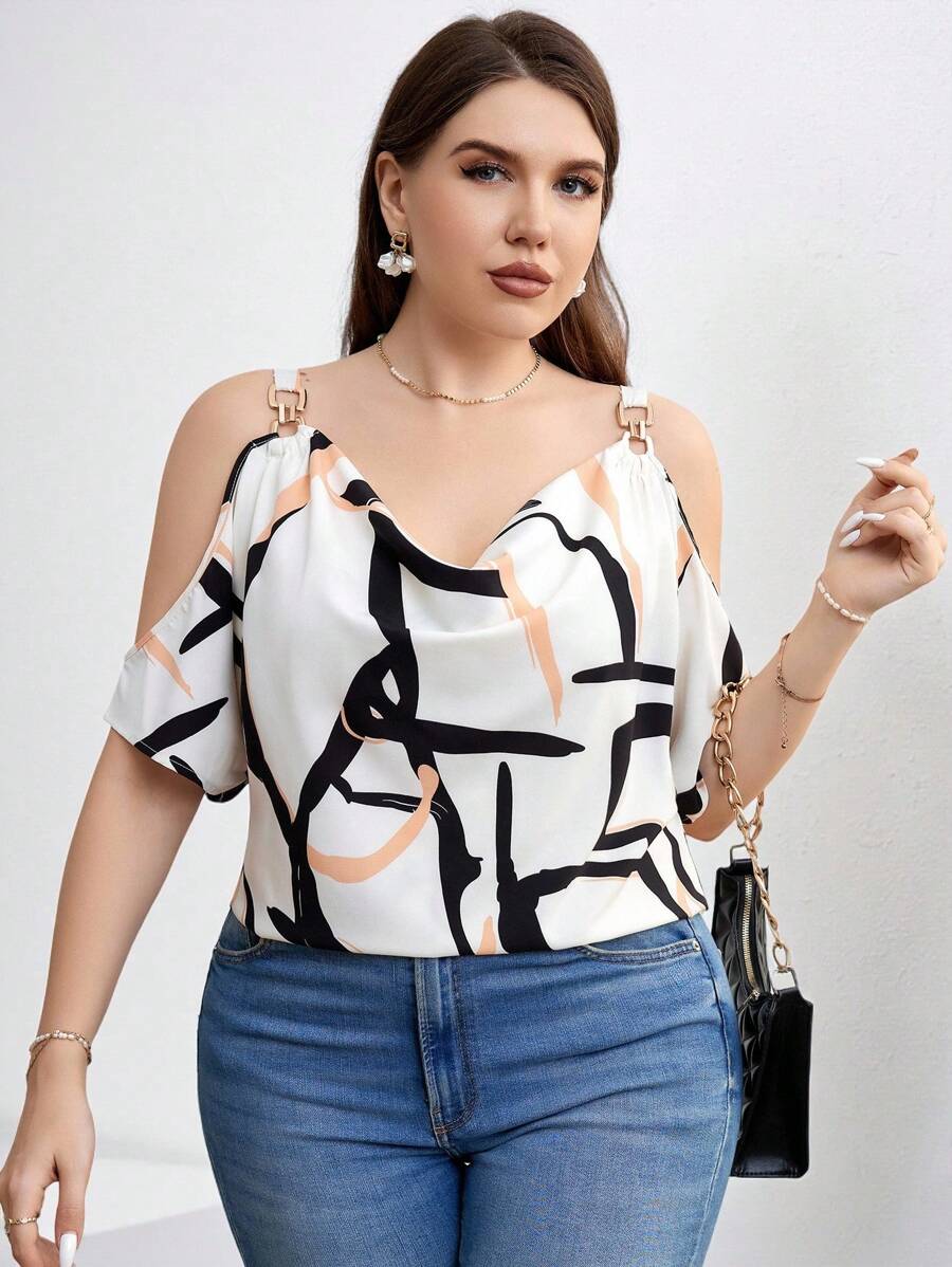 SHEIN Clasi Plus Size Women's Printed Cold Shoulder Top With Chain Decoration For Summer
