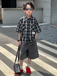 DAZY 青少年男孩松紧腰口袋宽松休闲牛仔短裤，返校服，秋装 - 淺灰色 - 查看 2