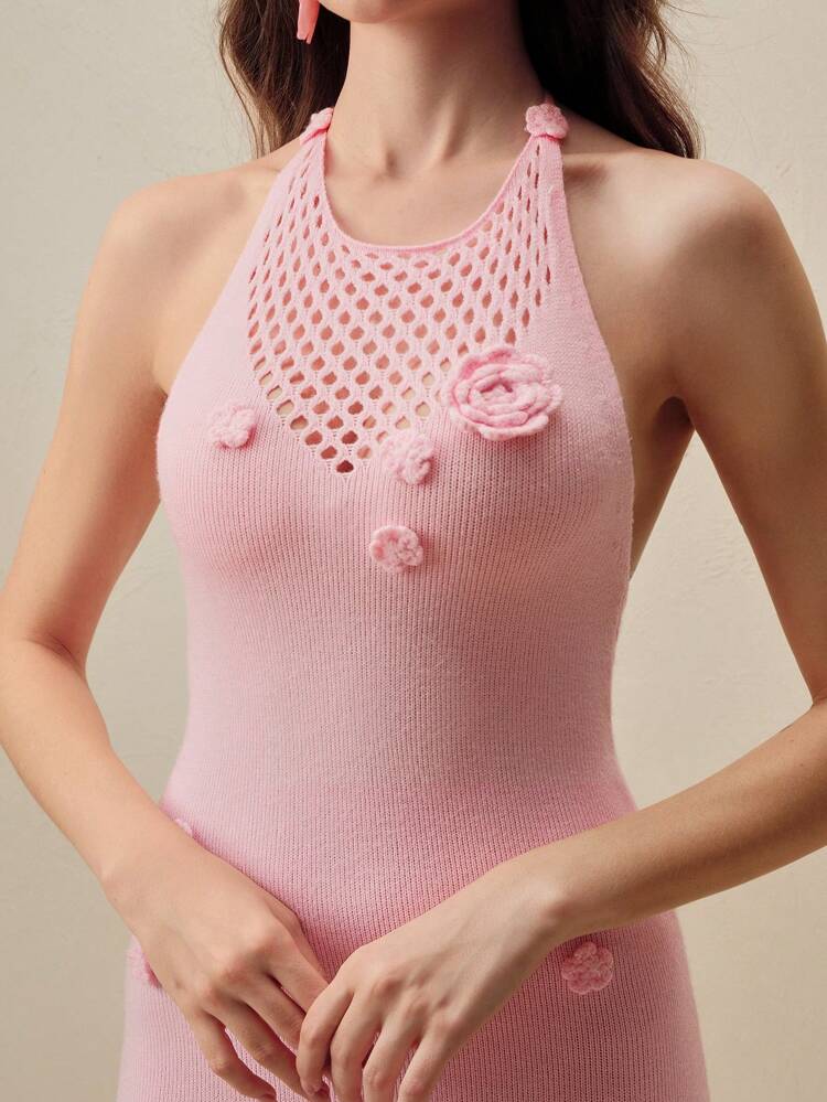 Sexy Beach Vacation 3D Flower Pink Round Neck Hollow Halter Backless Fitted Side Split Women Sheer Cover Up For Summer