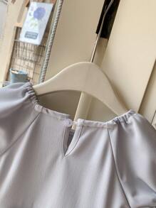 Baby Girl Round Neck Puff Sleeve Princess Style Mesh Dress - Grey - View 6