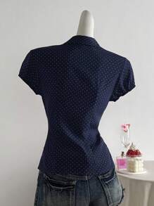 Elamini Polka Dot Print Lapel Collar Fitted Short Sleeve Blouse For Women