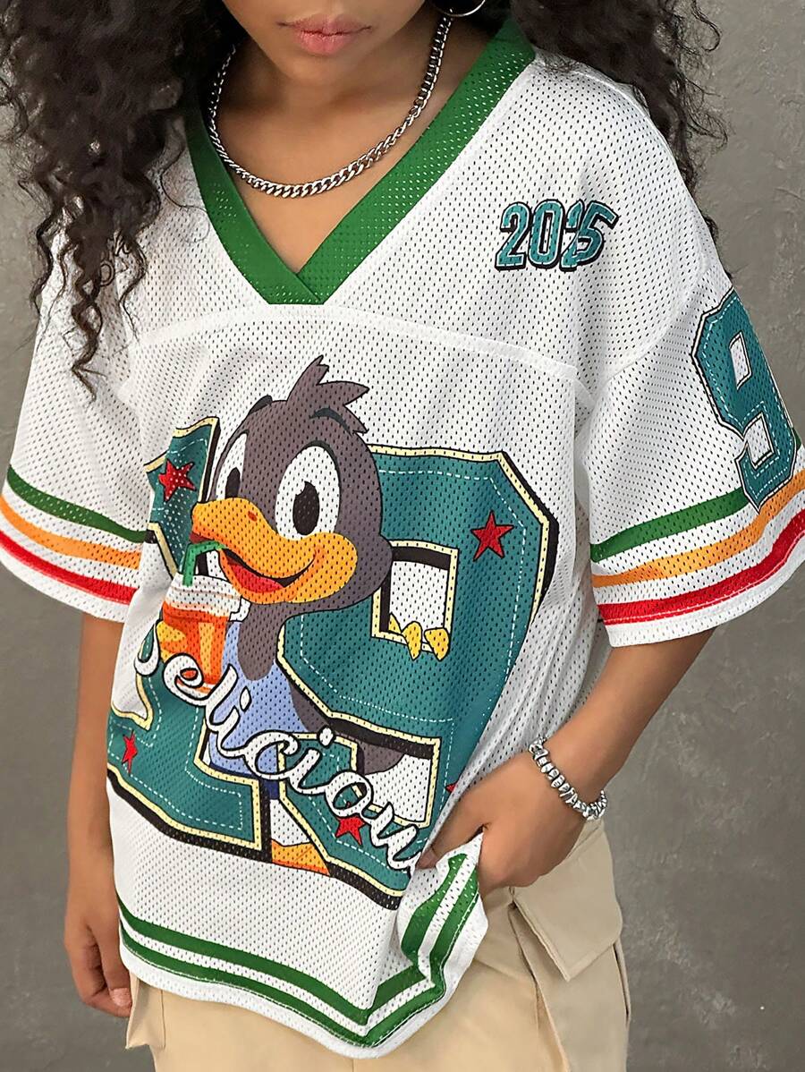 Coolane Kids Tween Girls Summer Loose Knit V-Neck Cartoon Letter Print Drop Shoulder T-Shirt ,Back To School,Parent-Child Clothing,Jersey T-Shirt - Army Green - View 1