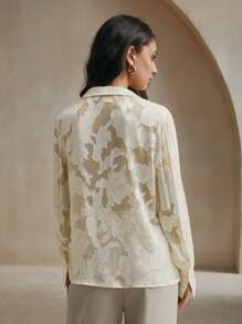 Anewsta 女士优雅提花高领衬衫，女士休闲贴花，纽扣，透明长袖领常规版型常规杏色常规袖衬衫女式衬衫，春季/秋季，休闲日常穿着