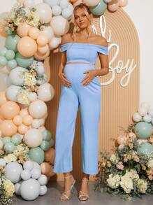 Loomaby Maternity Off Shoulder Top And Adjustable Waistband Long Pants, Elegant 2 Pieces Set,Gender Reveal Dress,Maternity Dress,Baby Shower Dress,Birthday Outfits For Women,Club Outfit - Blue - View 6