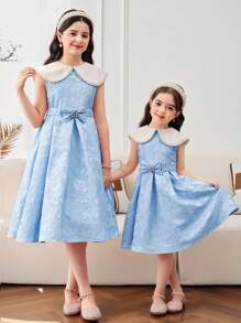 少女珍珠装饰大翻领拼接花卉提花中长A字连衣裙，披肩领，蛋糕裙，花童装，可爱优雅甜美复古时尚。适合母女/姐妹亲子装，家庭度假，日常穿着，居家聚会及特殊场合，姐妹装，华丽公主风，派对装，生日装，春夏款。 - 藍色 - 查看 9