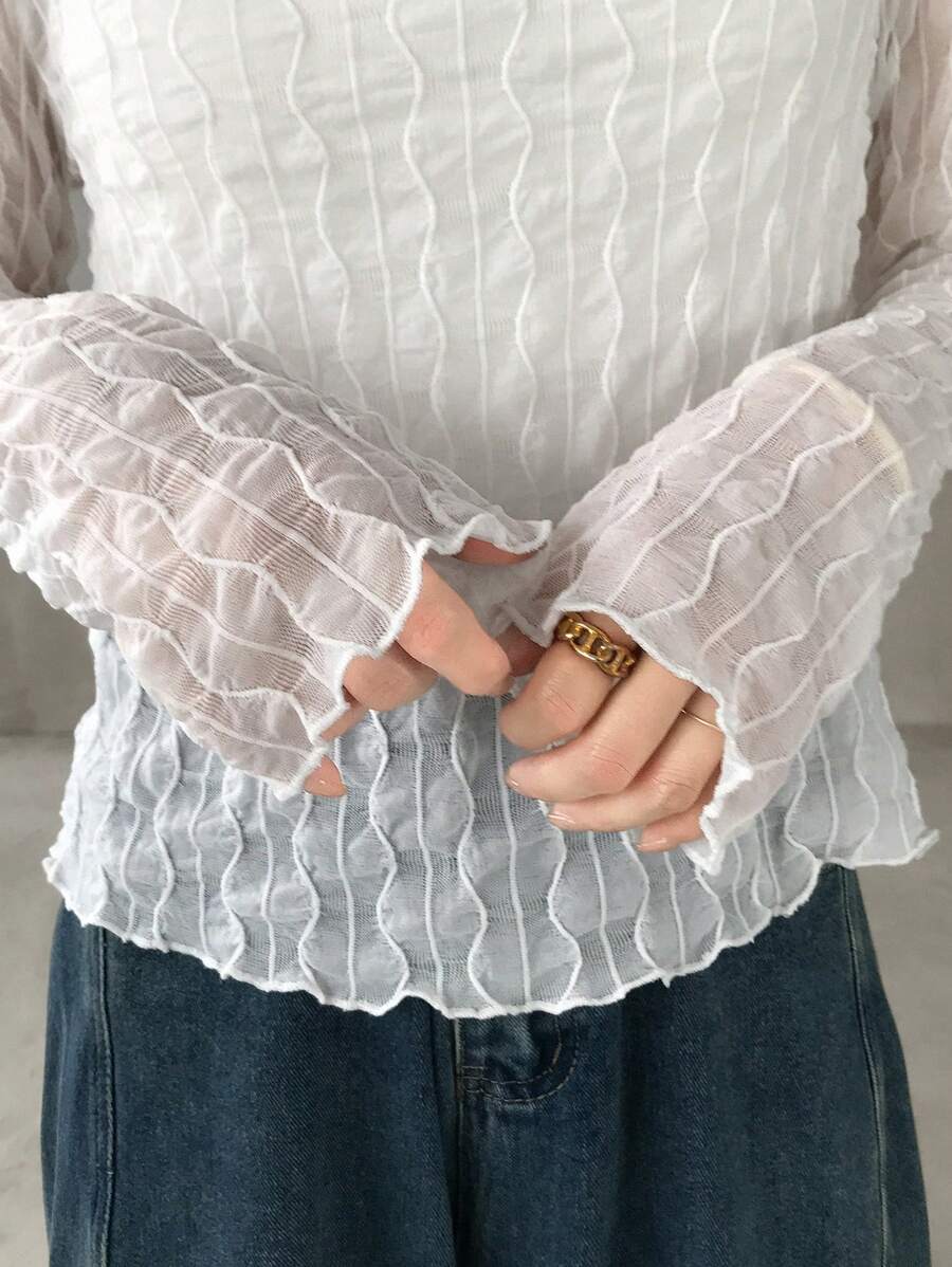 FRIFUL 女士修身透视纹理面料圆领衬衫，返校服长袖女上衣，秋季女装 - 白色 - 查看 1