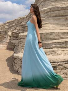 Firerie Boho Women Dress, Fairycore Blue-Green Tie-Dye Mesh Print Spaghetti Strap Hollow Out Loose Long Dress, Elegant For Valentine's Day, Wedding Guest, Summer Hawaiian Holiday, Vacation Outfits Woman - Multicolor - View 3