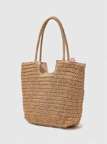 ROMWE Fairycore 1件花朵、贝壳和海星图案夏季新款沙滩包、手工草编托特包、大容量单肩包（配件需DIY组装） - 彩色 - 查看 6