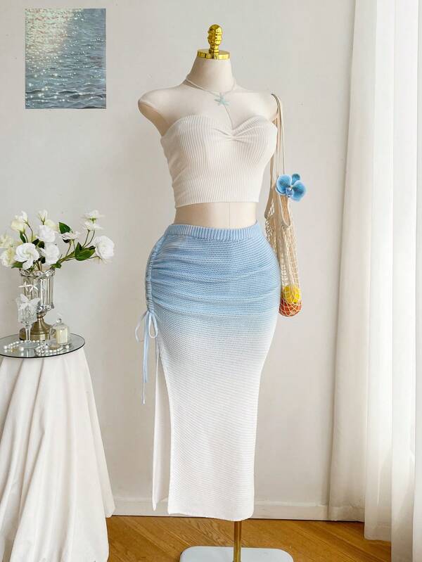 Comfortcana Plus Size Summer Vacation Casual Gradient Split Knit A-Line Skirt