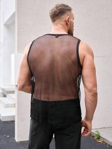 EASEVO 男士圆领纯色透明网眼夏季无袖休闲背心 - 黑色 - 查看 2