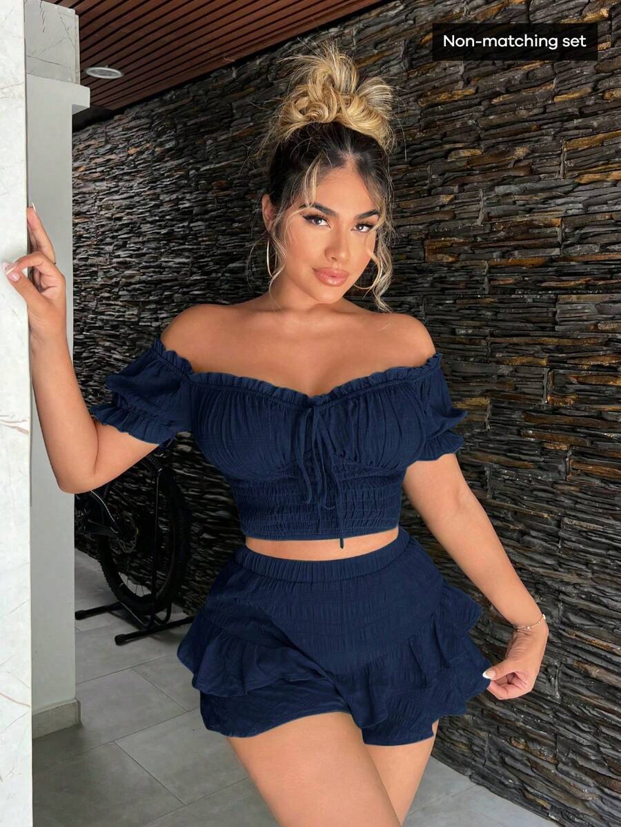 SHEIN SXY 夏季女士宽松纹理面料荷叶边裤女士飘逸短裤 - 藏蓝色 - 查看 1