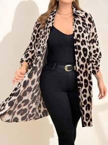 Chikora Plus Size Leopard Print Button Front Long Blouse For Women, Autumn Button Up Women Shirt - Multicolor - View 3