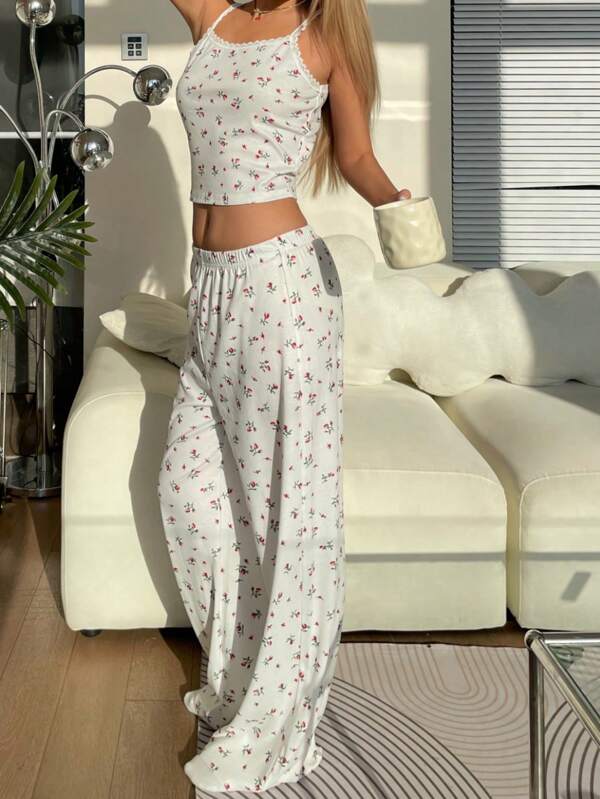 SHEIN 2 Stücke Set für Teen Mädchen, bestehend aus einfachem Blümchen-Muster Top mit Spitzenbesatz und gerade geschnittener Schlafanzug-Hose, weich & bequeme Loungewear
