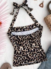SHEIN Leopard Print Halter Backless Pleated Cami Top For Teen Girls, Suitable For Summer, Versatile For Daily Wear - Brown - View 2