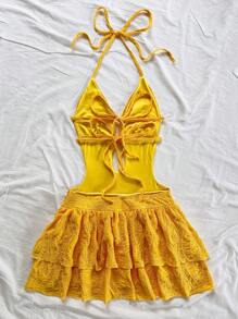 Soleia Women's Yellow Summer Boho Holiday Vacation Textured Deep V-Neck Backless Tied Bow Ruffle Hem Mini Dress, Beach Sundress For Party&Wedding Season - Yellow - View 2