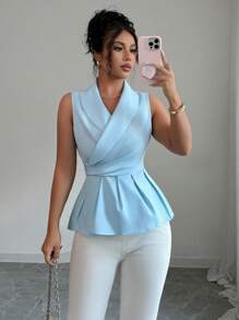 Elenzga Blusa elegante sin mangas con volantes en el bajo y el cuello, unicolor, verano, top con peplum