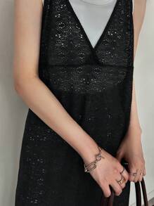 FRIFUL 女士花卉蕾丝宽松休闲吊带背心连衣裙 - 黑色 - 查看 5