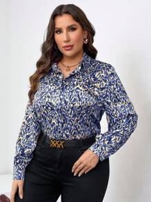 Chikora Plus Allover Print Button Front Shirt - Blue - View 5