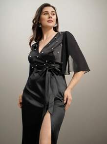 SHEIN Clasi Khăn choàng satin thanh lịch, váy midi bó eo trang trí ngọc trai taffeta cho phụ nữ ngoại cỡ, váy dự tiệc cưới mùa hè - màu đen - Xem 1