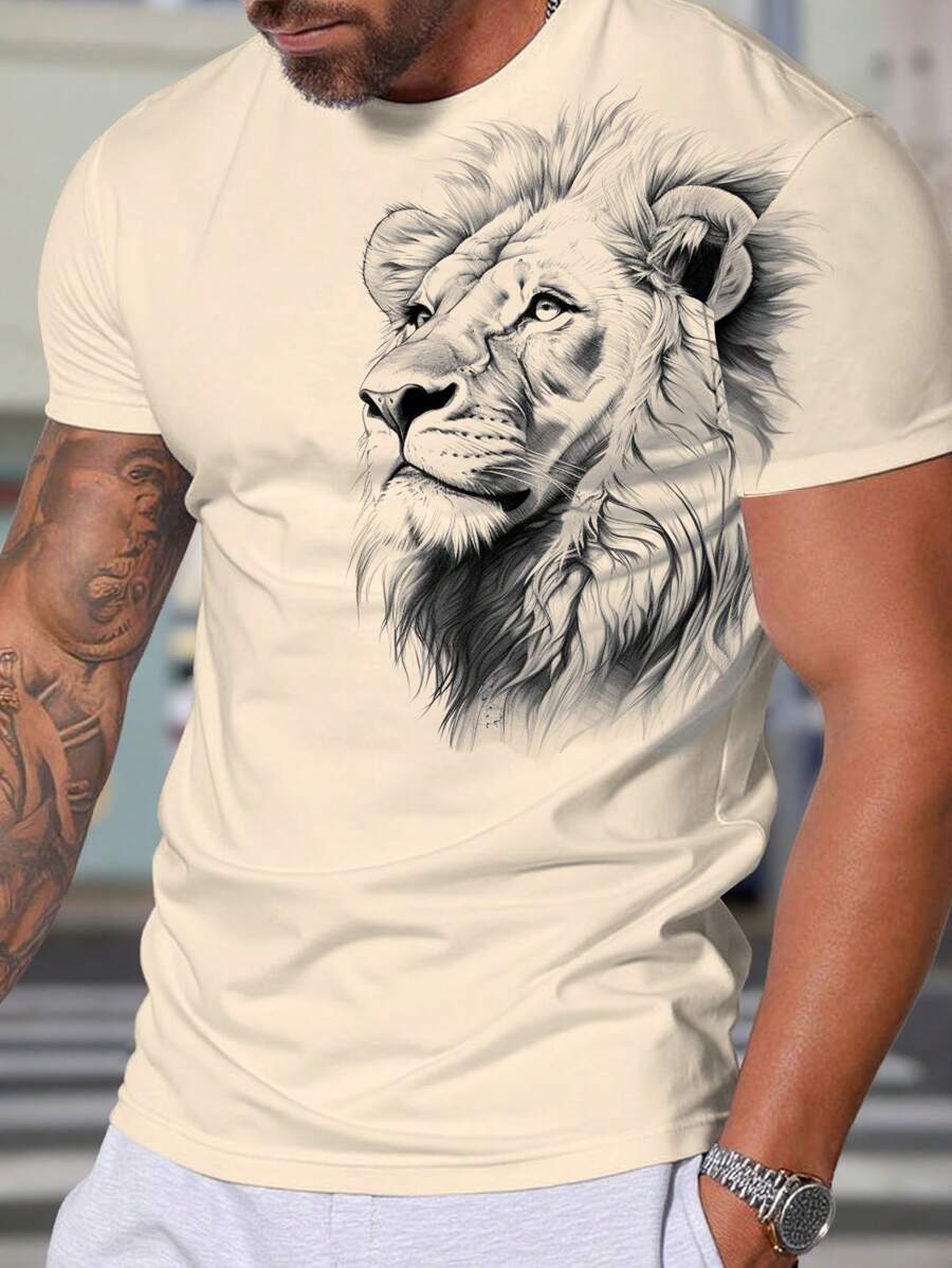 Manfinity LEGND Men Lion Print Casual Short Sleeve T-Shirt, For Going Out, For Husband - Apricot - View 1