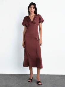 Maija Women Simple Solid V-Neck Short Sleeve Long Dress Brown Dress Women Satin Midi Dress Brown Midi Dress,Modest Dresses For Women,Fall Women Clothes