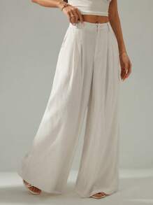 SHEIN PETITE Pantalones casuales de pierna ancha con cintura baja y pliegues de unicolor para mujer - Albaricoque - Ver 6