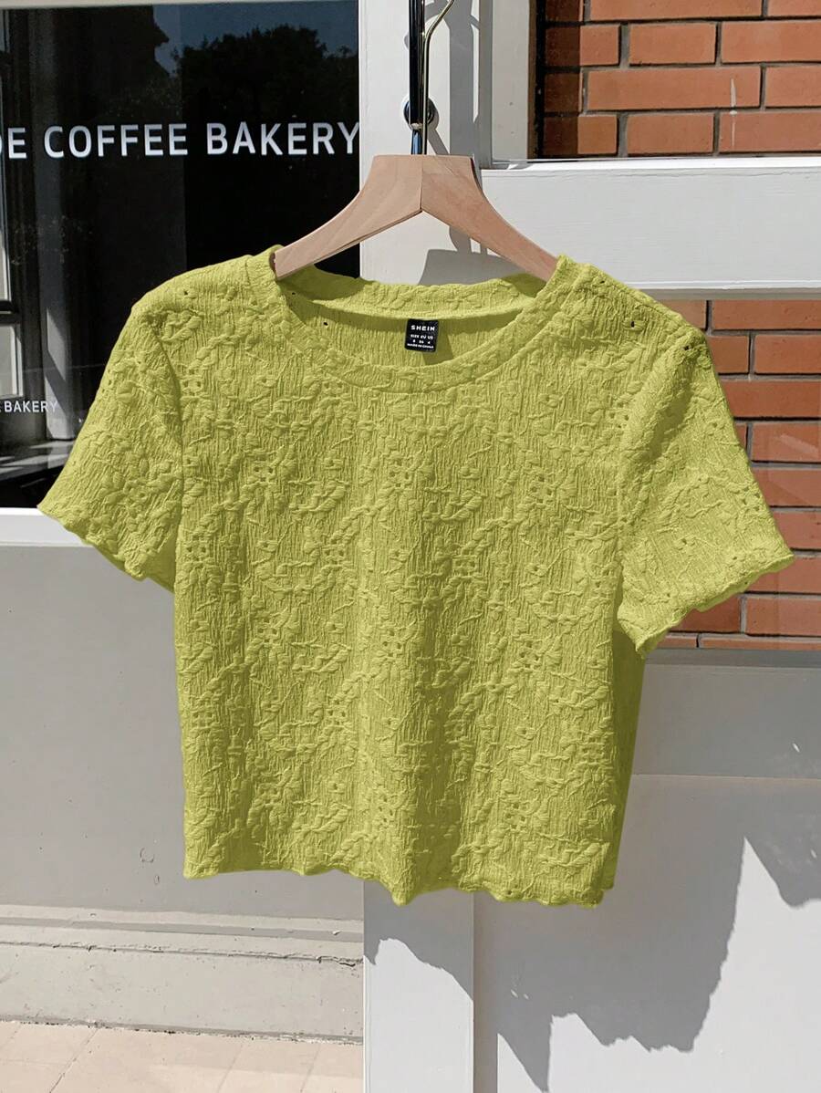 Comfortcana Beige Knitted Jacquard Round Neck Basic Short Sleeve T-Shirt, Summer - Olive Green - View 1