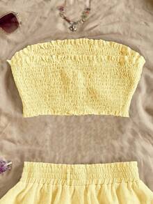 Soleia 2pcs/Set Women Solid Color Ruffle Bust Tight Top And Layered Hem Mid-Length Skirt Set Yellow Two Piece Set Summer Two Piece Set Yellow Skirt Set Butter Yellow Two Piece Set Summer Co Ord Set Summer Skirt Set - Mustard Yellow - View 5