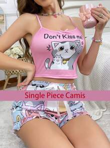 可爱猫咪与蝴蝶结吊带背心，女士睡衣衬衫 - 彩色 - 查看 1