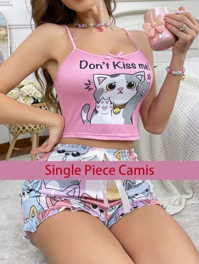 Top camisero con diseño de gato lindo y moño, camisa de pijama para mujer