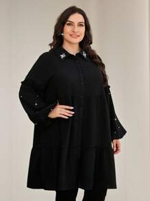 Veilorie Plus Size Solid Color Long Sleeve Casual Shirt, Suitable For Summer Plus Size Christmas - Black - View 5