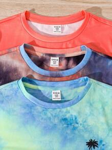 Buy 2 Get 1 Free, 3pcs/Set Tween Boys' Casual Tie-Dye Coconut Tree Graphic Round Neck T-Shirts, Suitable For Autumn, Spring, Summer, Suitable For Outdoor Play, School, Street Shooting, Party And Leisure
