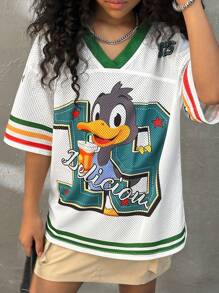 Coolane Kids Tween Girls Summer Loose Knit V-Neck Cartoon Letter Print Drop Shoulder T-Shirt ,Back To School,Parent-Child Clothing,Jersey T-Shirt - Army Green - View 4