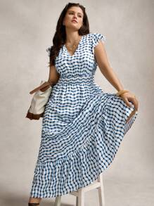 SHEIN LUNE Plus Size Striped Print Ruffle Hem Vacation Casual Boho Summer Old Money Dress - Blue and White - View 5