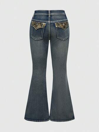 Goth Plus Size Women Y2K Retro Punk Camouflage Patchwork Studded Flare Jeans