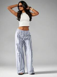 MISSGUIDED Striped Wide Leg Palazzo Pants Drawstring Waist Loungewear Linen Feel Summer Beach Vacation Resort Wear - Blue - View 4