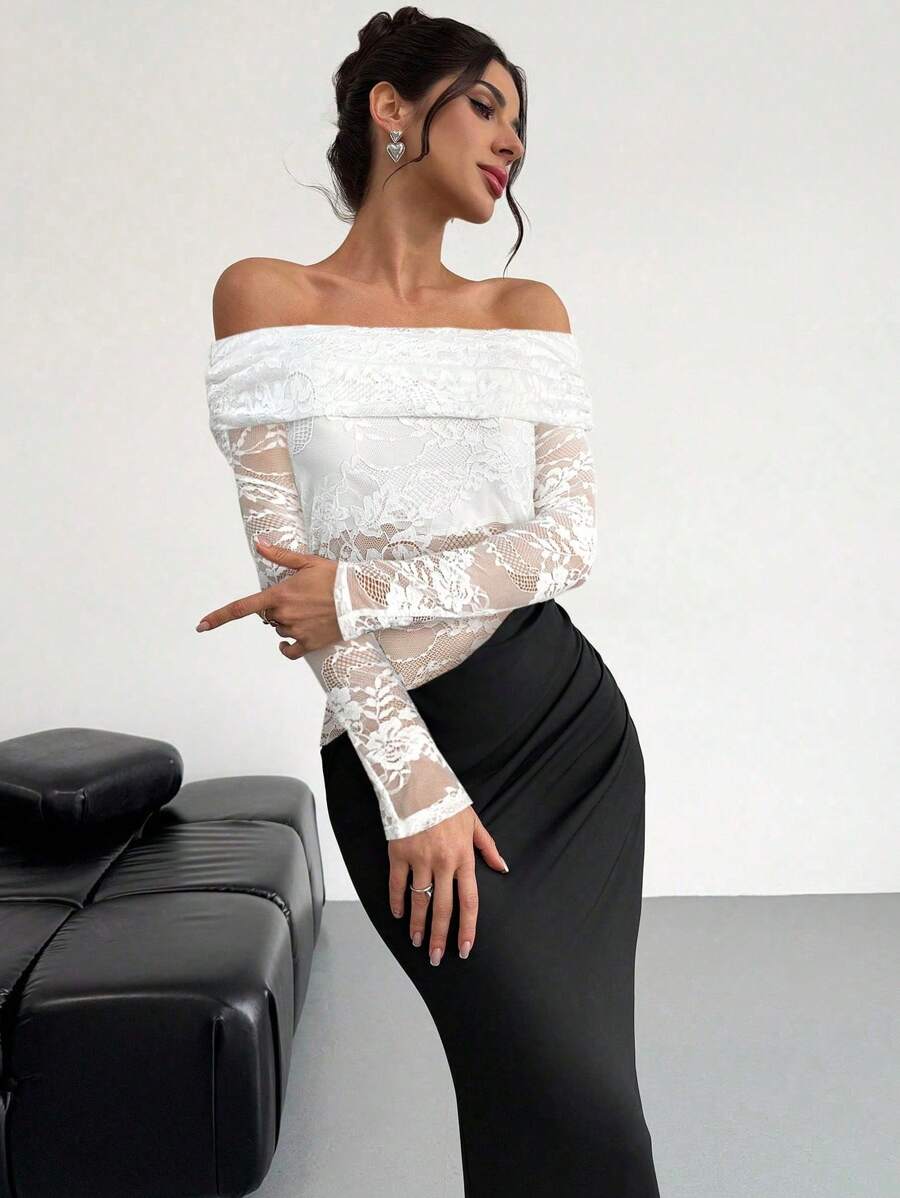 Firerie Vestido elegante y sexy de manga larga, con diseño minimalista y elegante, hombros descubiertos, textura de malla semi-transparente, drapeado y silueta ajustada, perfecto para el Día de San Valentín, Año Nuevo, citas